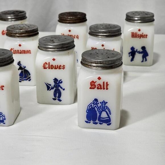 Vintage Set OF 8 Hazel Atlas Milk Glass Dutch Spice Jars Set - Picture 2 of 7